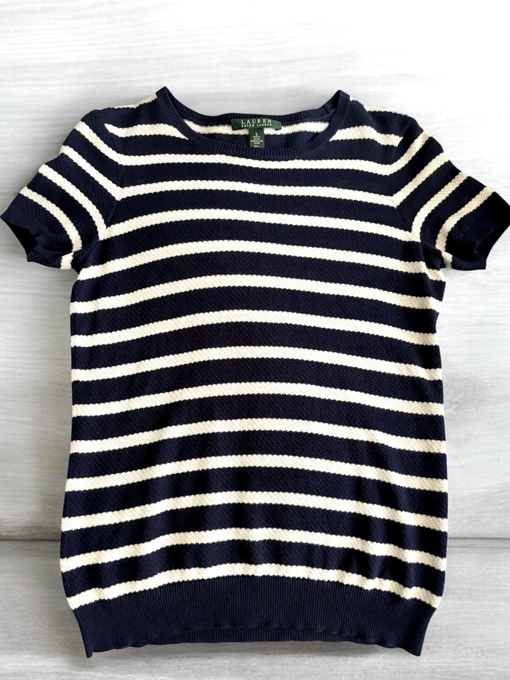 Ralph Lauren Linen Cotton Blend Short Sleeve Sweater Navy & Cream Striped EUC S